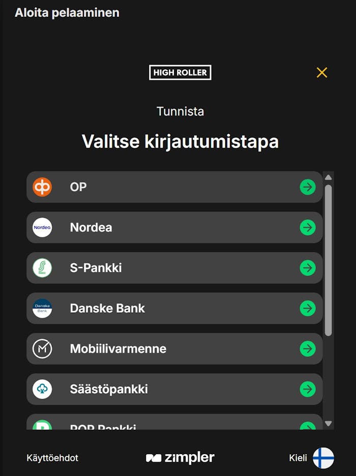 Highroller Casinolla kirjautuminen ja rekisteröinti tapahtuvat verkkopankkitunnuksilla.