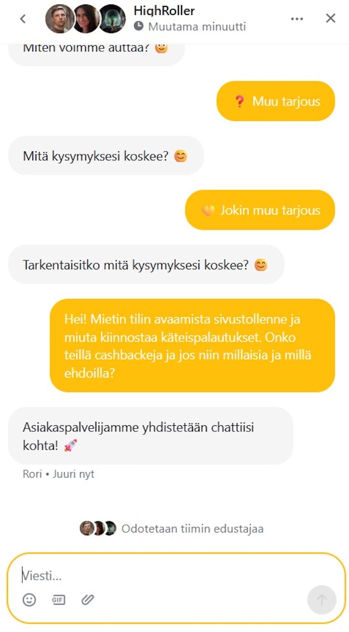 Highroller Casinon live-chat vastaa suomeksi, mutta käyttää automaattisia käännöksiä.