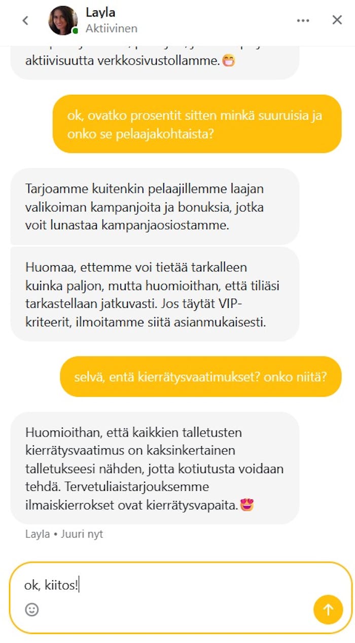Highroller Casinon live-chat kertoo millaisia käteispalautuksia kasinolla on.