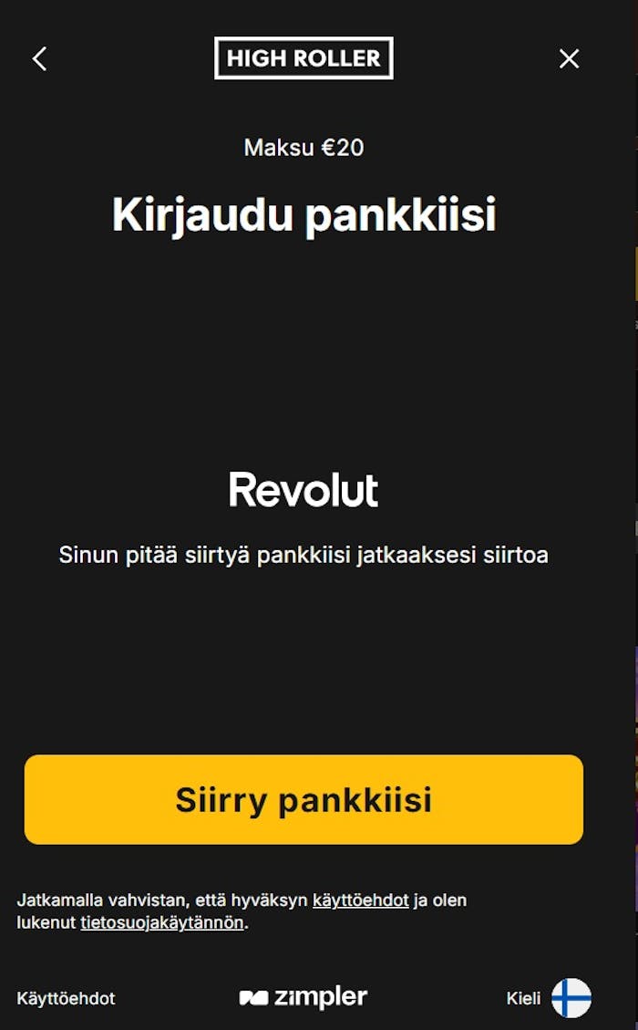 Highroller Casino talletus onnistuu myös Revolut pankin sovelluksessa. 