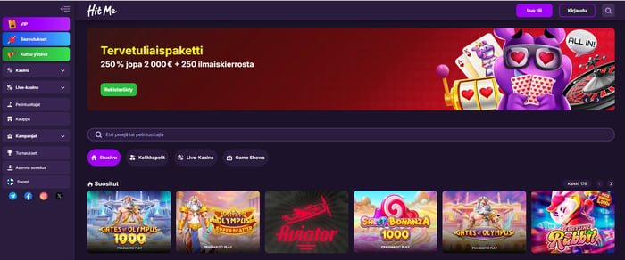 Hit Me bet Casinon etusivu näyttää suuren 250 % tervetulobonuspaketin ja suositut kolikkopelit, kuten Gates of Olympus 1000.