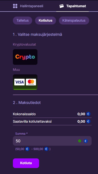 Hit Me bet Casino kotiutus tehdään kryptovaluutoilla tai Visa ja Mastercard korteille.