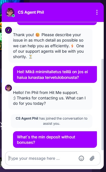 Hit Me bet Casinon live chat palvelee asiakkaita englanniksi.