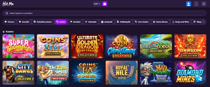 Hit Me bet Casinon pelivalikoimaan kuuluu satoja kasinopelejä, kuten Super Sugarpop, City Dawgs Hold & Win ja Diamond Mines.