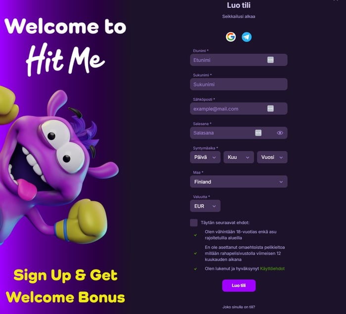 Hit Me bet Casinolla uuden pelaajan rekisteröinti tapahtuu henkilötietoja kysyvän lomakkeen kautta.