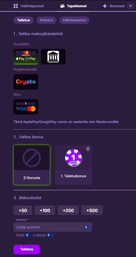 Hit Me bet Casinolla talletus mobiilissa onnistuu Google ja Applepayn kautta.