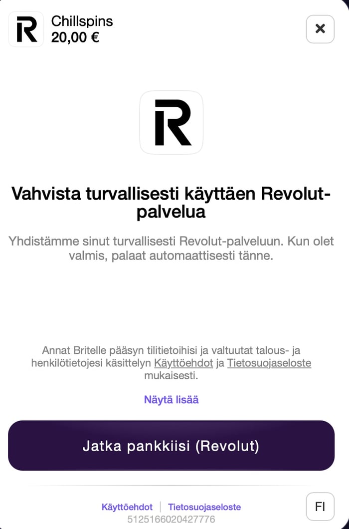 Maksun vahvistus Revolut-pankissa.