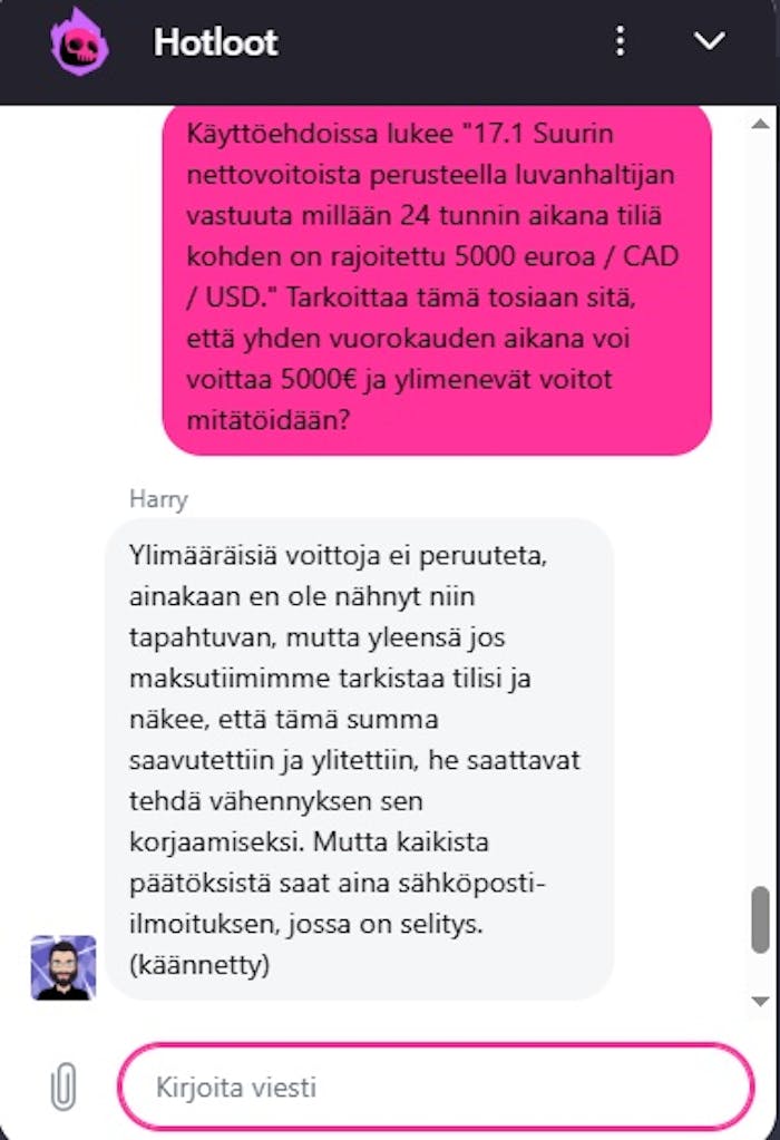 Hot lootin asiakaspalvelija vastaa käännlspalvelun avulla suomeksi
