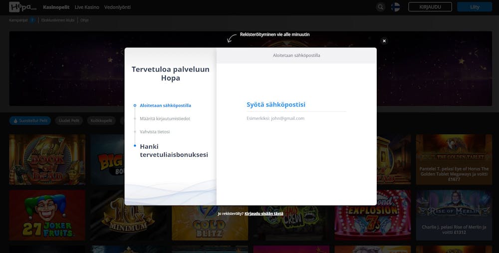 hopa casino ilmoittautumissivu