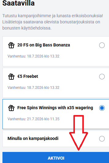 Kuvakaappaus saatavilla olevista bonusvaihtoehdoista.