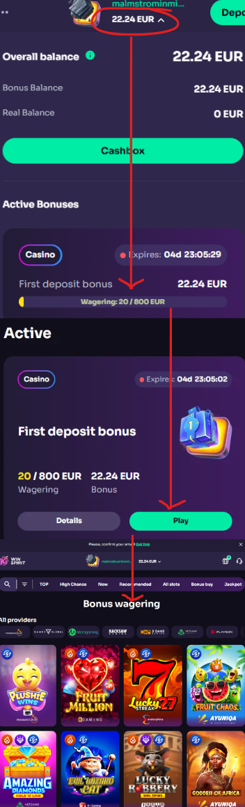 WinSpirit Casinon bonussaldo-näkymä, jossa näkyy ensitalletus bonus kierrätyksellä 20 € / 800 € ja Play-painike, joka suodattaa näkyviin vain bonuskierrätystä kerryttävät pelit.