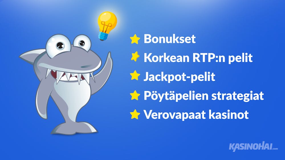 Kasinohai osoittaa seikkoja, jotka vaikuttavat siihen miten voittaa nettikasinolla parhaiten: bonuksilla, korkean RTP:n peleillä, jackpot-peleillä, tuntemalla pöytäpelien strategiat ja pelaamalla verovapailla kasinoilla.