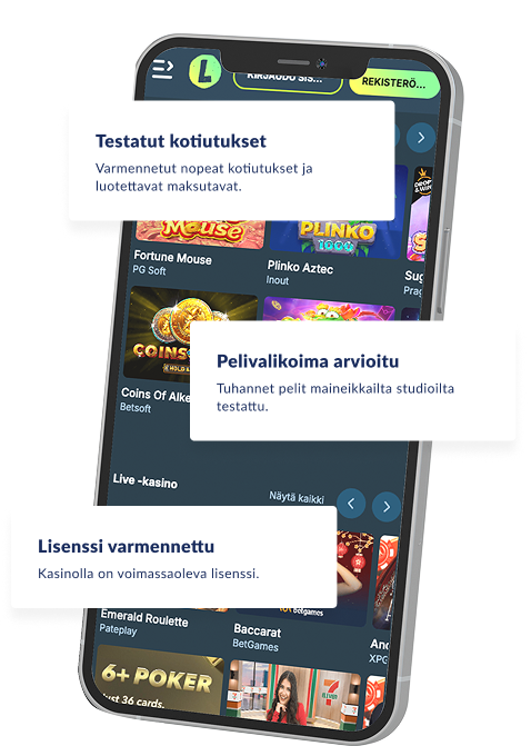 Puhelin, jonka päällä listattuna tärkeitä arviointikriteerejä: kotiutukset, lisenssi ja pelivalikoima