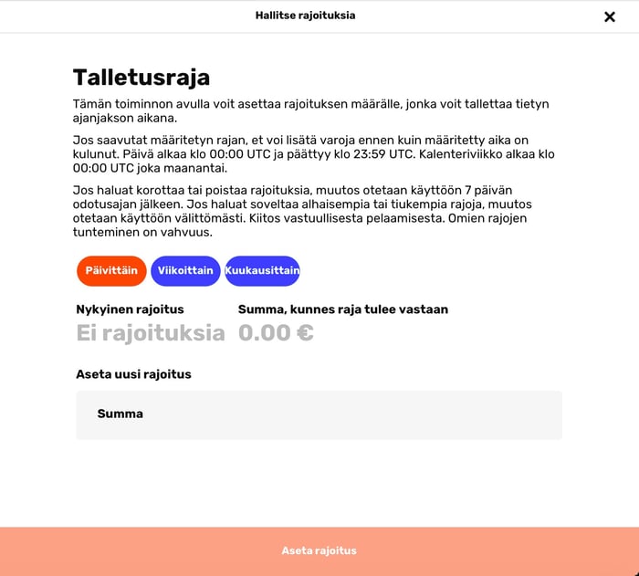 Talletusrajojen asettaminen Tuhti Kasinolla.
