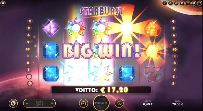 Kuva, jossa näkyy 17,20 € voitto Starburst-pelissä.