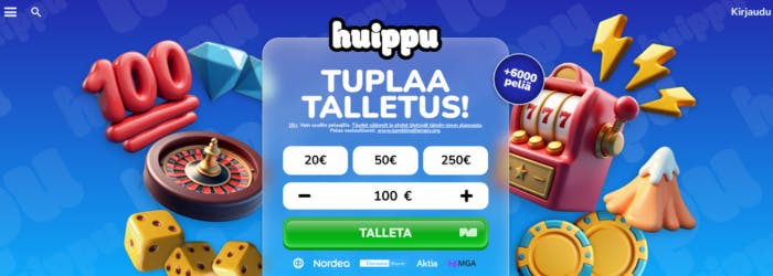 Kuvakaappaus Huippu-kasinon etusivulta: näkyvissä ensitalletusbonus sekä kasinon teema.
