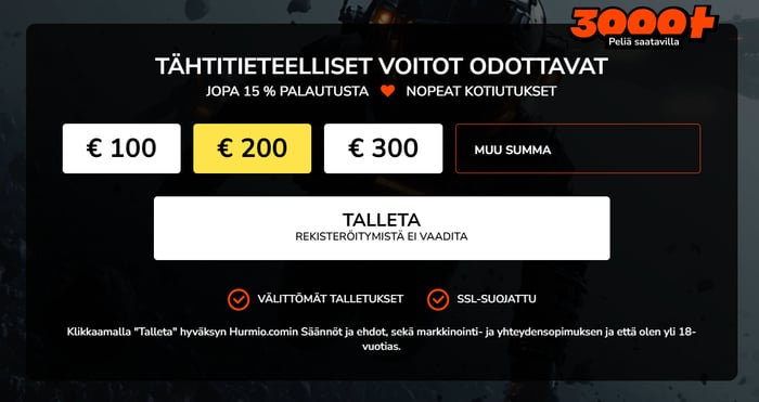 Hurmio Casino ei tarjoile lainkaan tervetulobonusta.