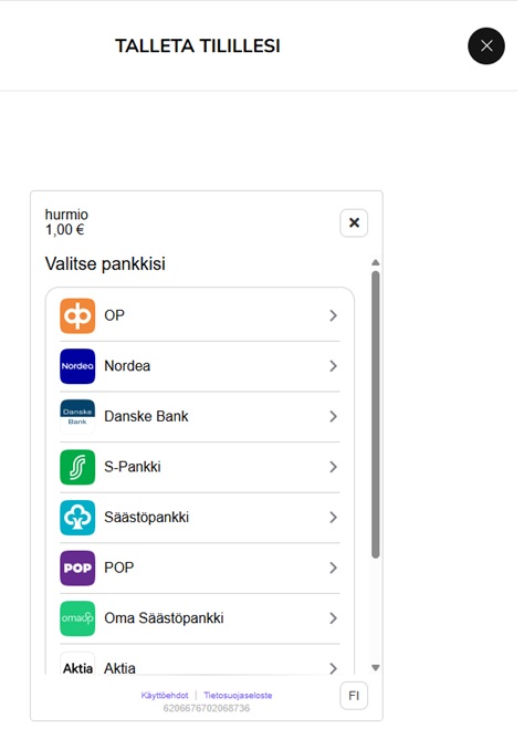 Hurmio Casinon Brite-talletus 1 euron summalla – pankin valintanäkymä suomalaisilla verkkopankeilla.