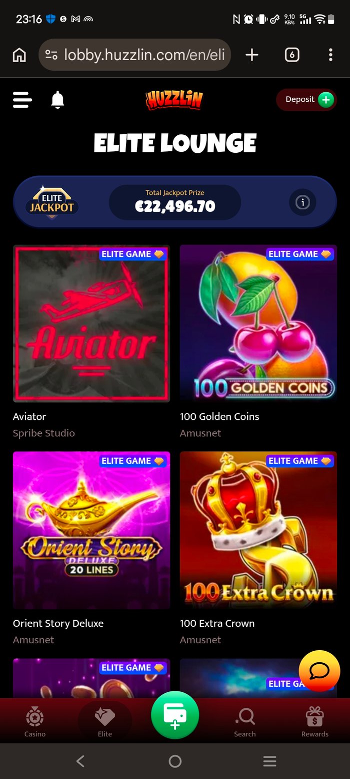 Huzzlin Casino Elite Lounge kokoaa yhteen sarjan kasinon valitsemia pelejä, kuten Aviator, 100 Golden Coins ja Orient Story Deluxe.