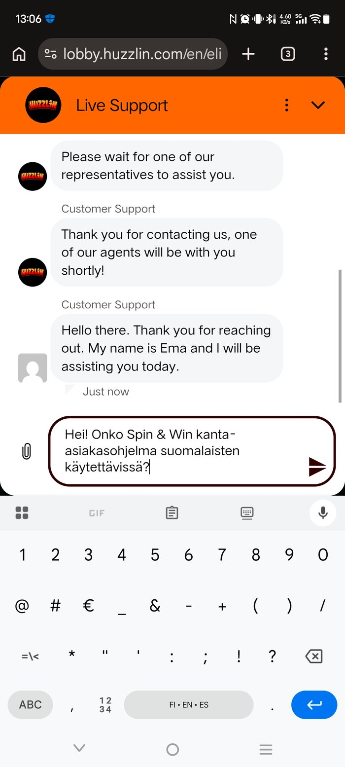 Huzzlin Casino livechat kanta-asiakasohjelmasta ja käteispalautuksen suuruudesta.