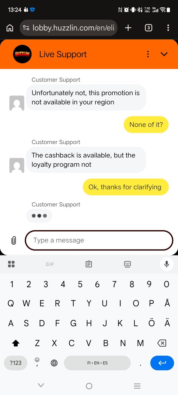 Huzzlin Casino livechat vastaus englanniksi pelaajan kysymykseen käteispalautuksen sopivuudesta suomalaisille pelaajille.
