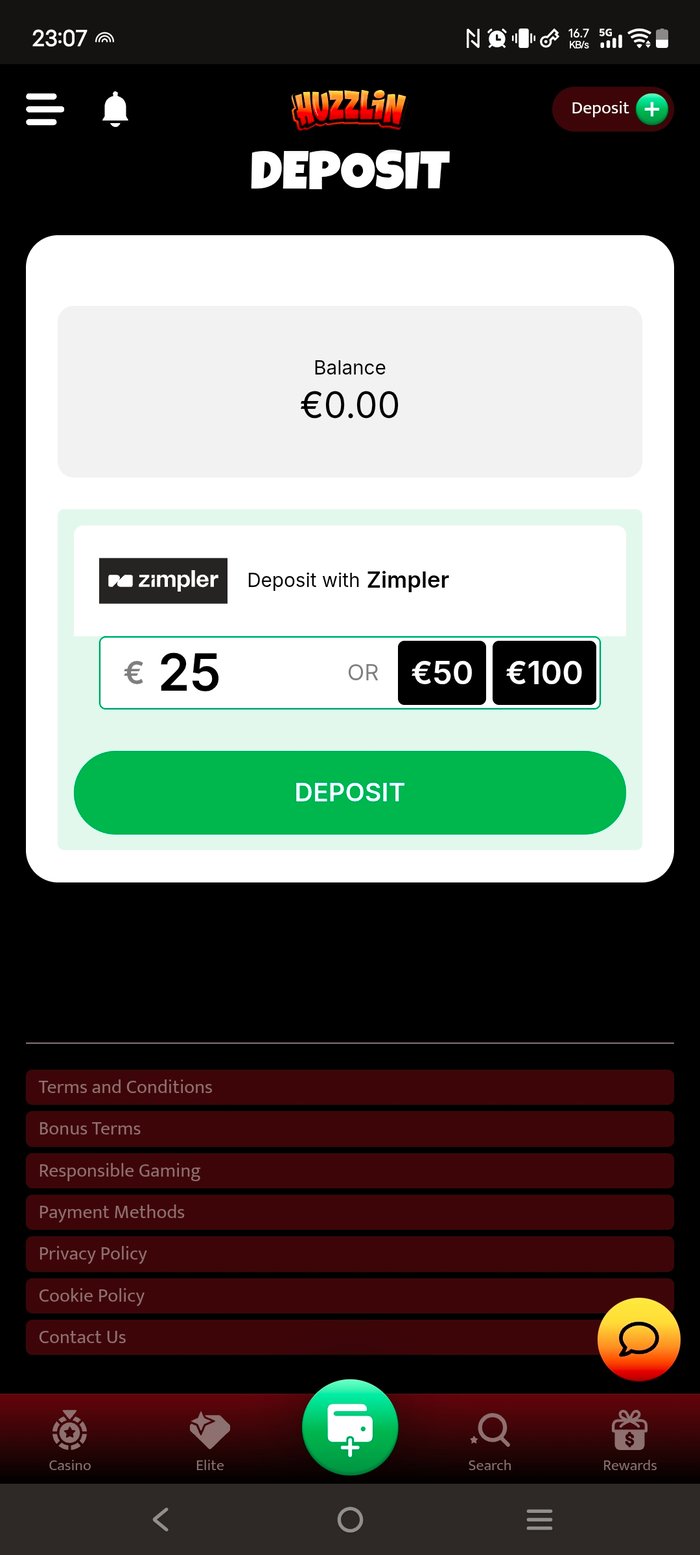 Huzzlin Casino talletus Zimplerin kautta. Summat 25 €, 50 € tai 100 €.