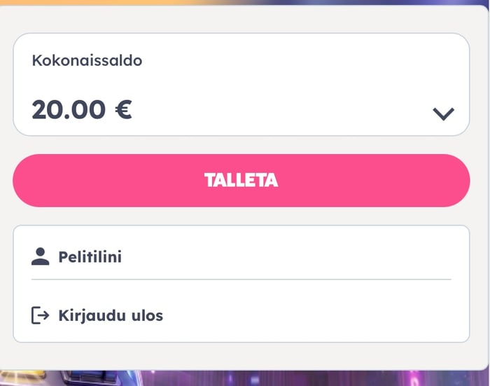 Oh Casinon pelitilin saldo, jossa näkyy 20 euroa.