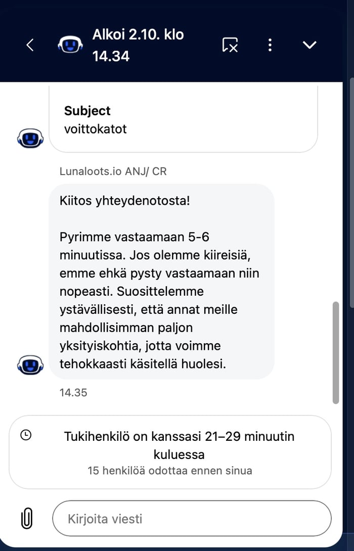 Luna Loots 21-29 minuutis jonotusajan arviolla.
