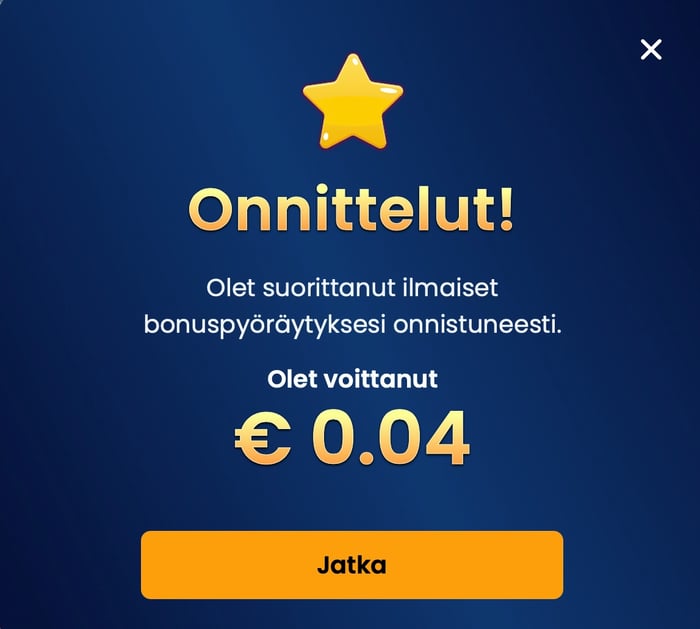 Kuvakaappaus 0,04 euron voitoista Luna Lootsin ilmaiskierroksilla.