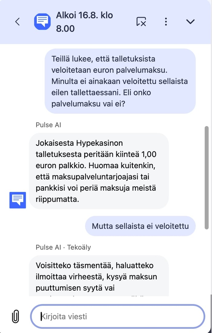 Asiakastuen vastaus palvelumaksuun liittyen.