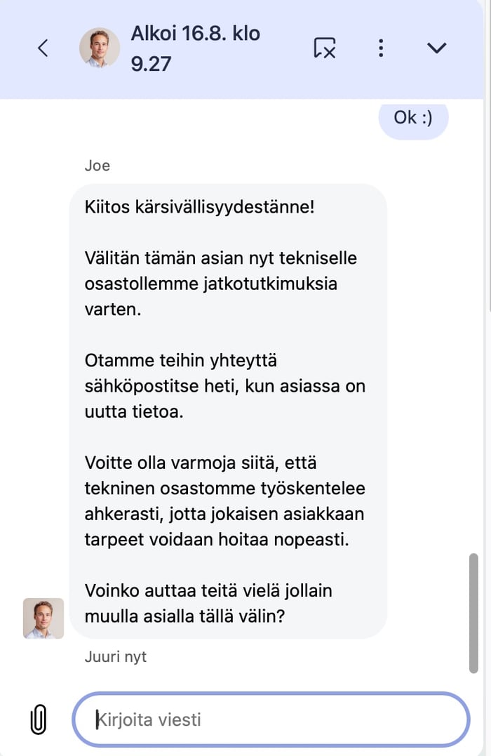 Asiakastuen lupaus palata asiaan palvelumaksuun liittyen.