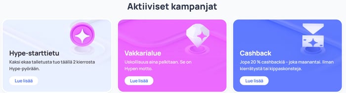 Hype Kasinon Aktiiviset kampanjat -osio, jossa kolme korttia: Hype-starttietu, Vakkarialue ja Cashback.