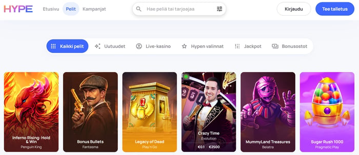 Hype Kasinon pelivalikoima Kaikki pelit -välilehdellä, jossa näkyvät Inferno Rising: Hold & Win, Bonus Bullets, Legacy of Dead, Crazy Time, MummyLand Treasures ja Sugar Rush 1000.