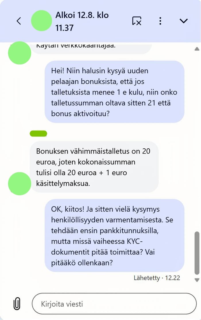Hype Kasinon livechat, jossa asiakaspalvelu vahvistaa bonuksen vähimmäistalletuksen olevan 20 euroa plus 1 euron käsittelymaksu.