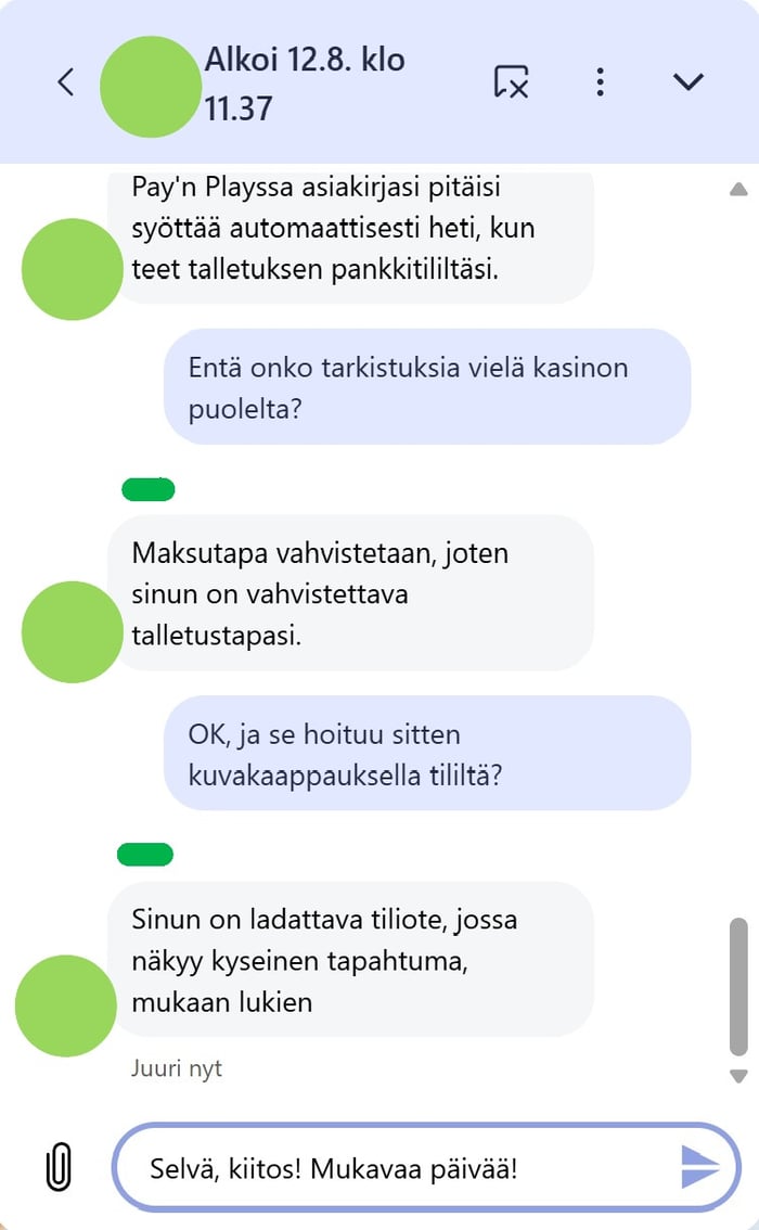 Hype Kasinon livechat, jossa asiakaspalvelu kertoo talletustavan vahvistamiseen vaadittavan tiliotteen, ei kuvakaappauksen.
