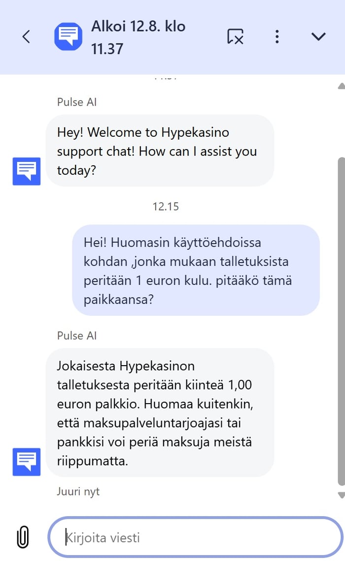 Hype Kasinon livechat, jossa Pulse AI -botti vahvistaa jokaisesta talletuksesta perittävän kiinteän 1,00 euron palkkion.