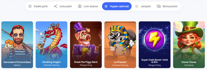 Hype Kasinon Hypen valinnat -välilehti, jossa esillä Danludan's Fortune Bass, Smoking Dragon, Break the Piggy Bank, Le Pharaoh, Super Cash Boost: Hold & Win ja Clover Clover..