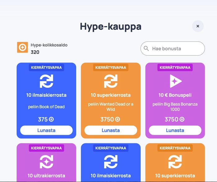 Kuvakaappaus Hype-kaupasta ja sieltä ostettavista eduista.
