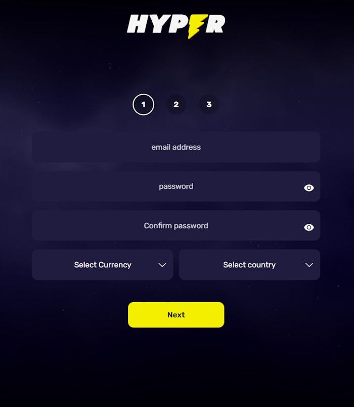 Hyper Casino ilmoittautumissivu