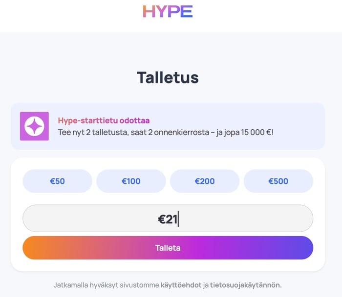 21 euron talletus Hype Kasinolle..