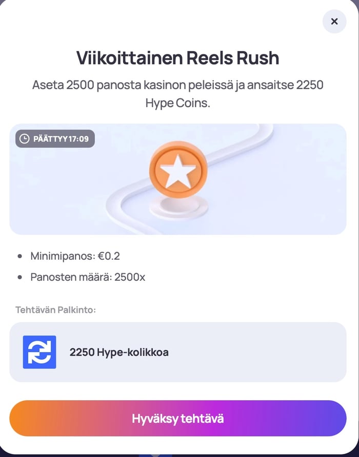 Hypen viikoittainen Reel Rush ehtoineen.