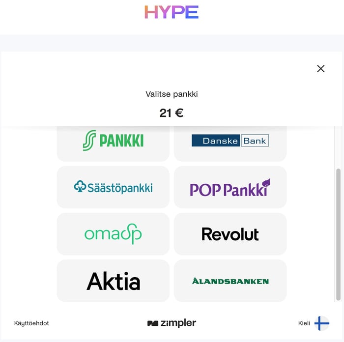 Hype kasinolla valittavissa olevia pankkeja.