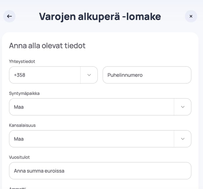 Hypen lomake pelivarojen alkuperästä.