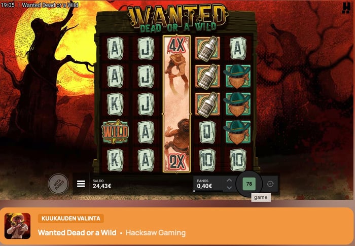 Kuvakaappaus Wanted Dead or a Wild -pelistä Hype-kasinolla.
