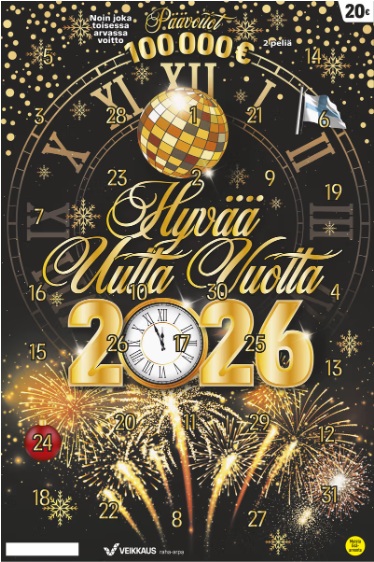 Veikkauksen hyvää uutta vuotta 2026 kalenteriarpa on tämän vuoden uutuus. Hinta 20 €.