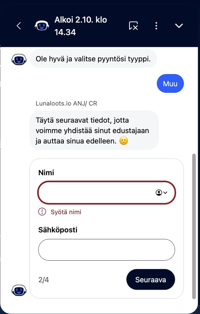 Chat-keskustelun aloitus ja tietojen syöttäminen Luna Lootsilla.