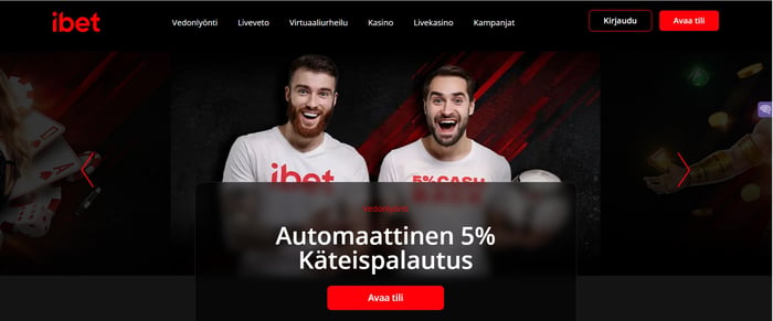 ibet casino etusivu mainostaa 5 % automaattista käteispalautusta.