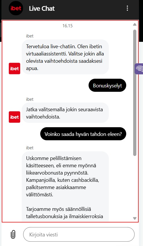 ibet casino livechat palvelee chatbotin välityksellä.