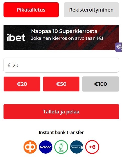 ibet casino pikatalletus tapahtuu verkkopankkitunnuksilla esimerkiksi Osuuspankista.
