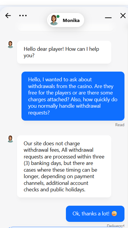 Icebet kasinon asiakaspalveluchat englanniksi. Pelaaja tiedustelee maksujen kestosta ja kuluista.